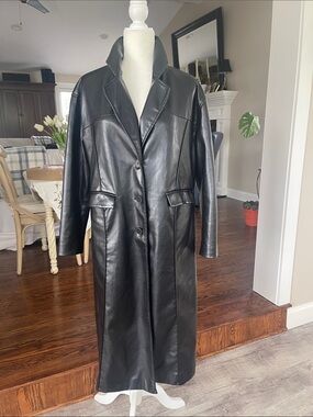 Black Leather like Long Coat - Womens  Classic Trench